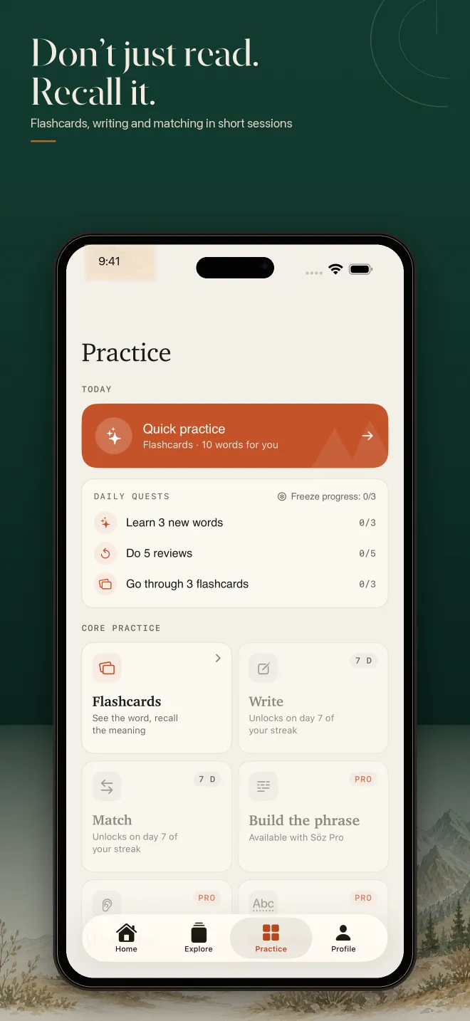 Söz practice screen with daily tasks and several practice modes.