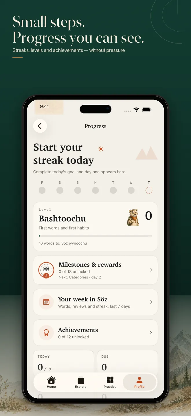 Söz progress screen showing a streak, daily quests and learning milestones.