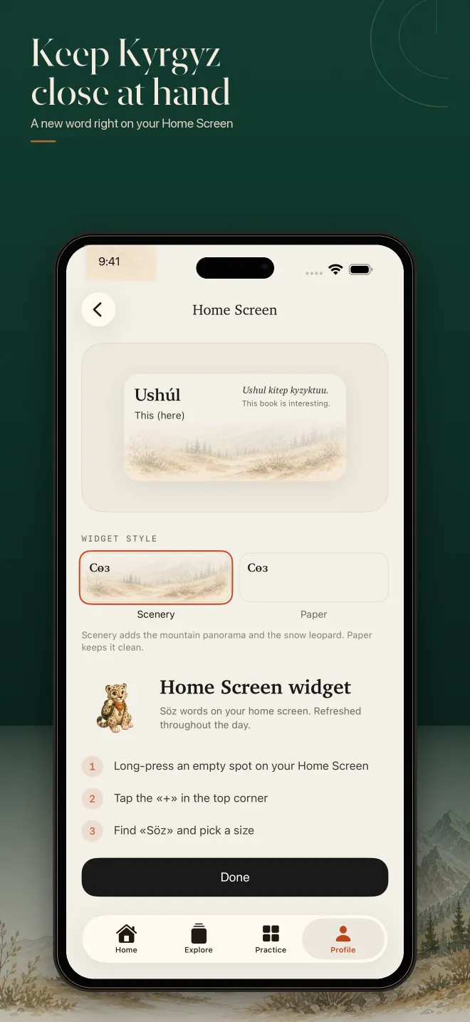 Söz widget gallery showing Kyrgyz words on iPhone widgets.