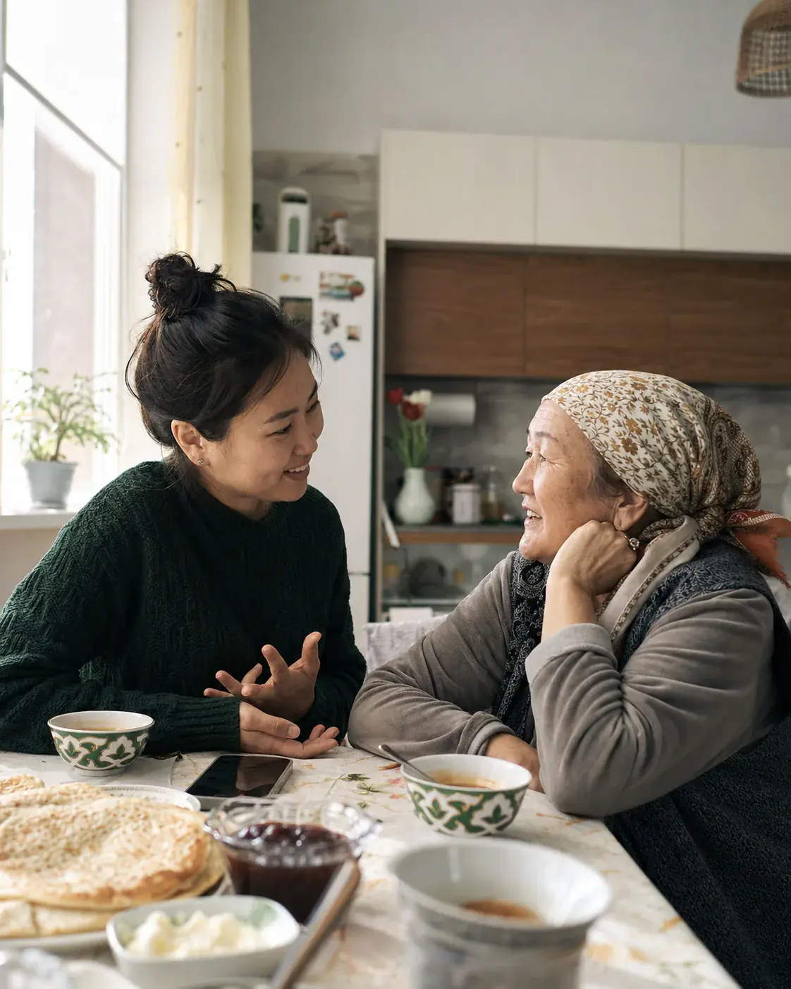 A young Kyrgyz woman talking with her grandmother over breakfast at home.