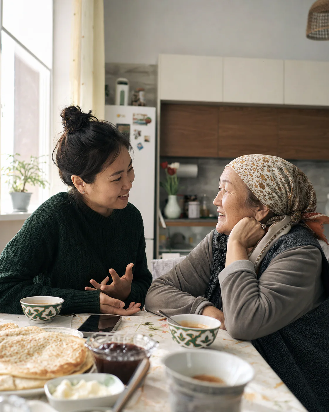 A young Kyrgyz woman talking with her grandmother over breakfast at home.