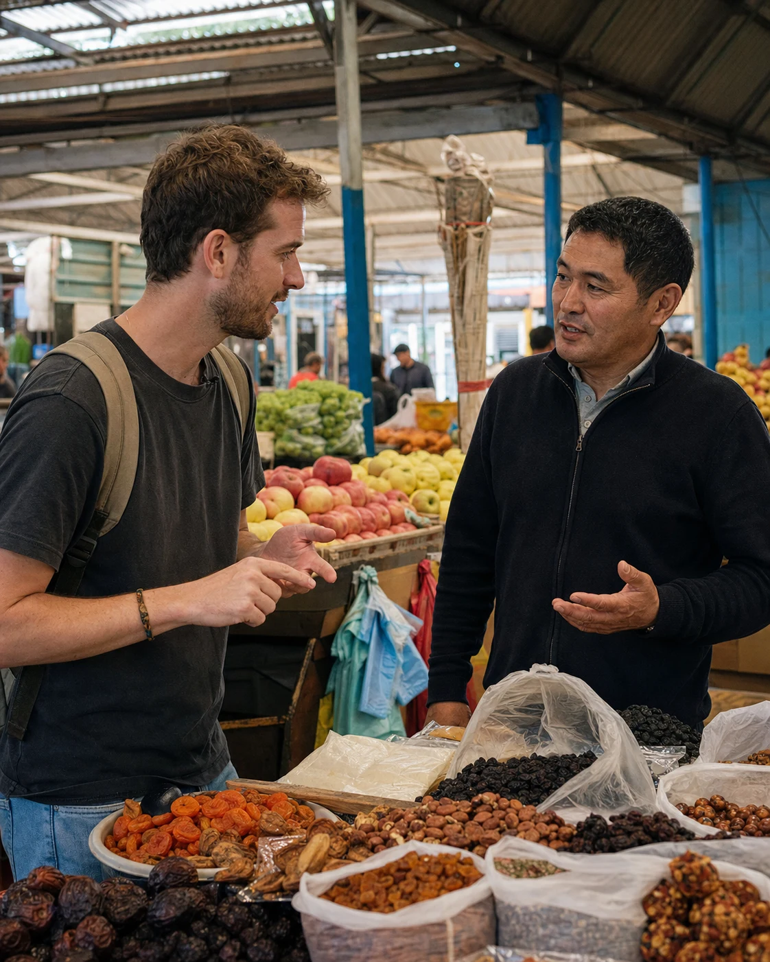 A European traveler speaking with a Kyrgyz vendor at a city bazaar.