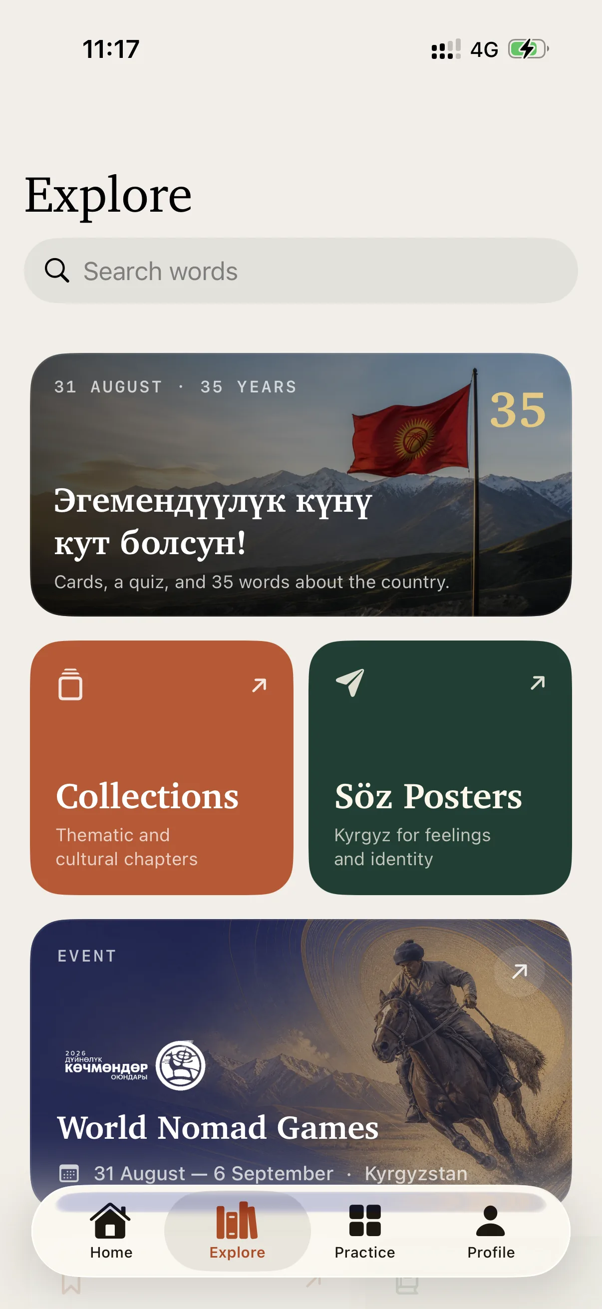 Söz Explore screen with search, themed collections and Kyrgyz cultural features.