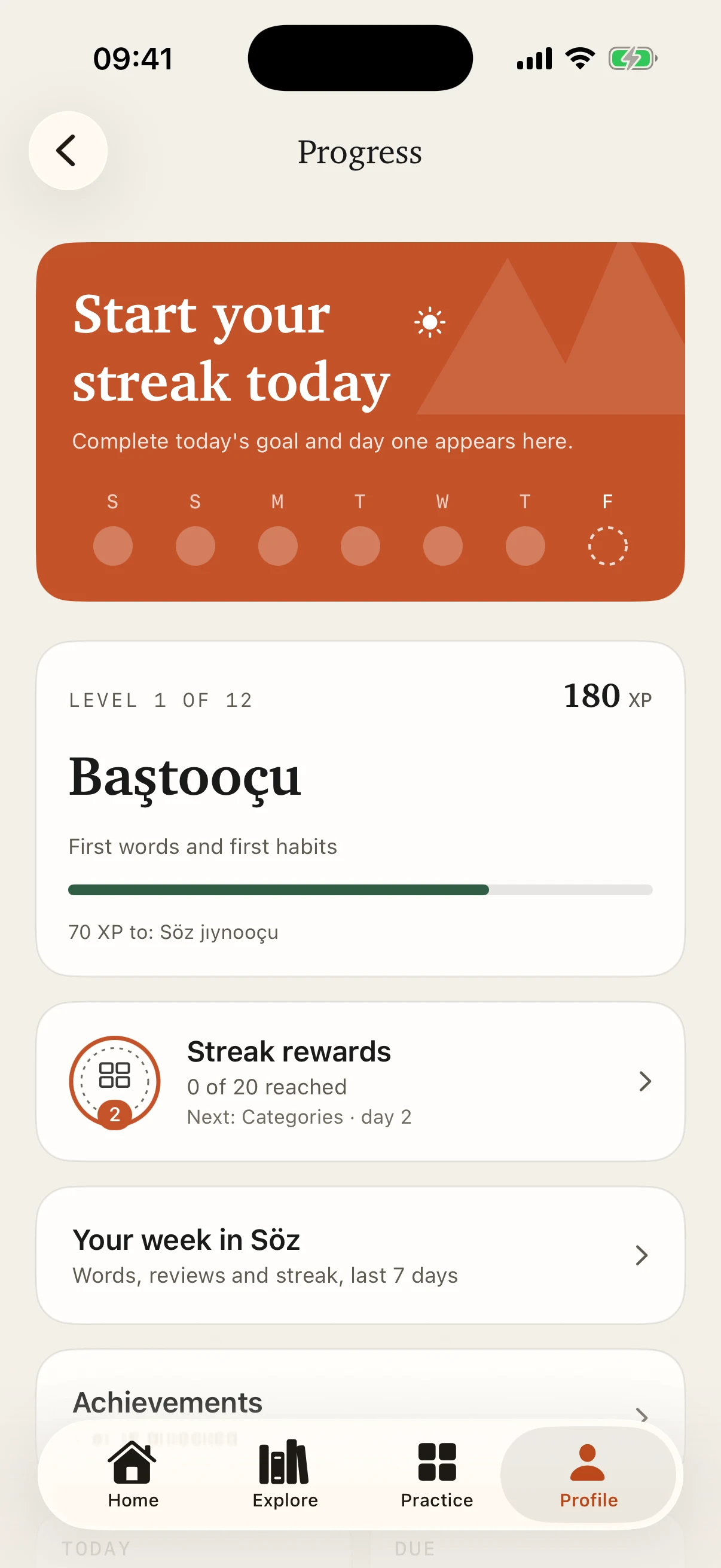 Söz Progress screen showing a learning streak, level and weekly activity.