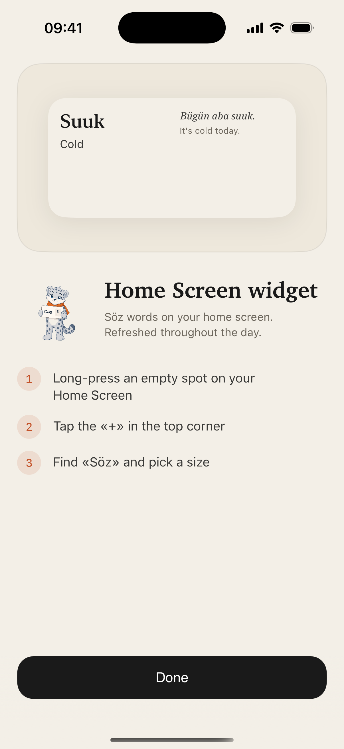 Söz Home Screen widget setup in the iOS app